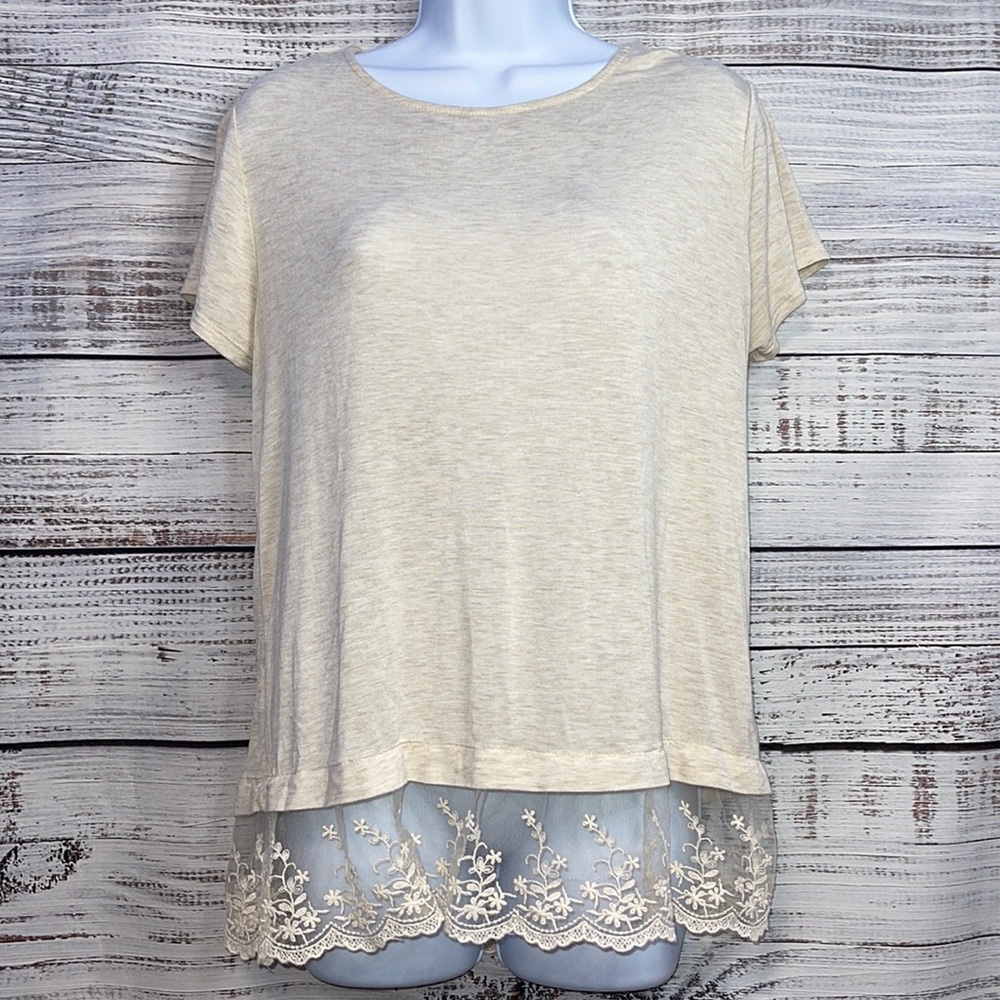 Alya Short Sleeve Beige Lace Top | Medium